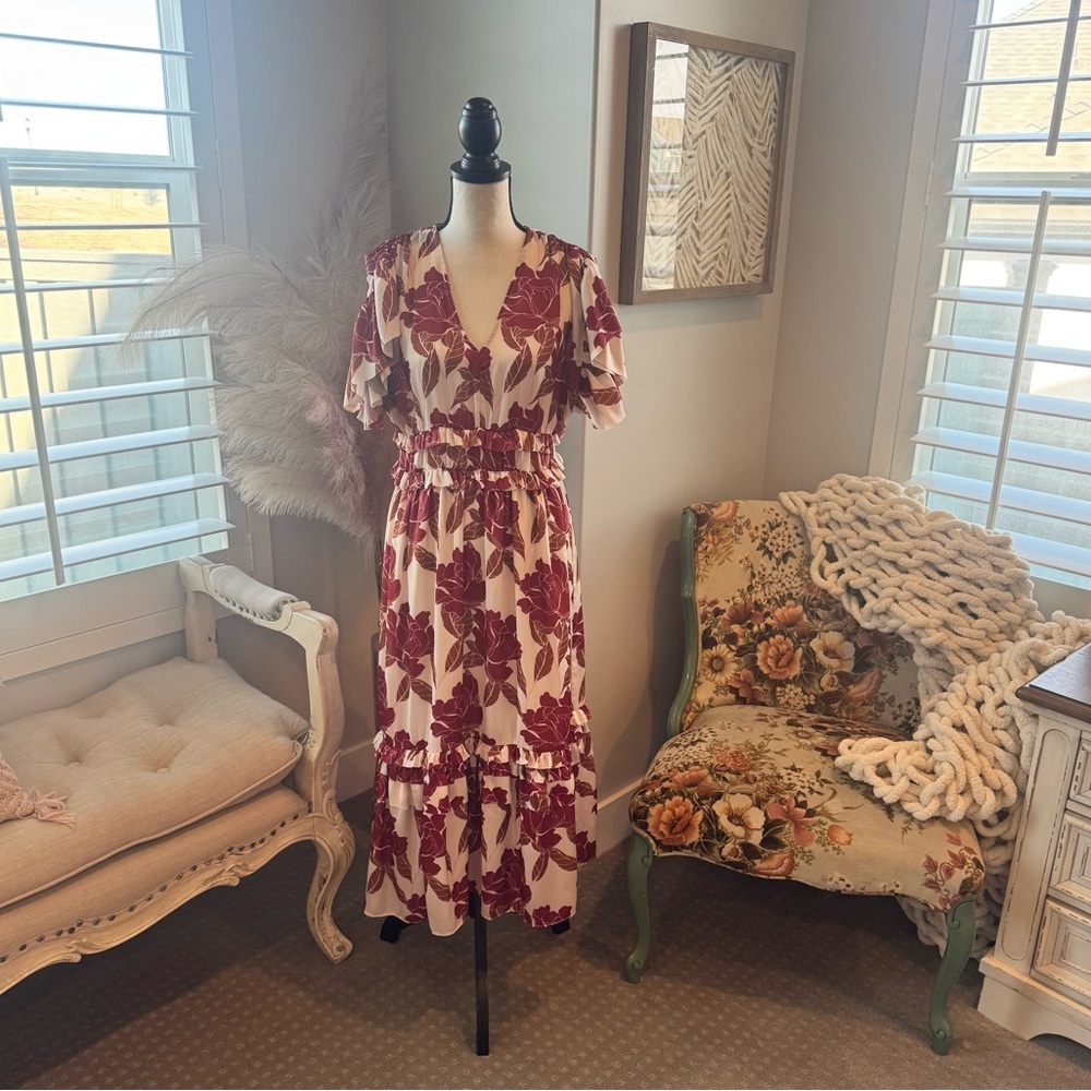 Böhme Floral Midi Dress Ruffle Waist Boho Romantic M